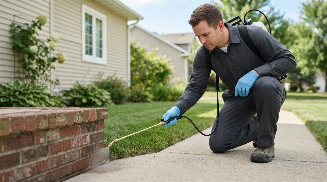 Pest control technician treating a home near La Grange, KY